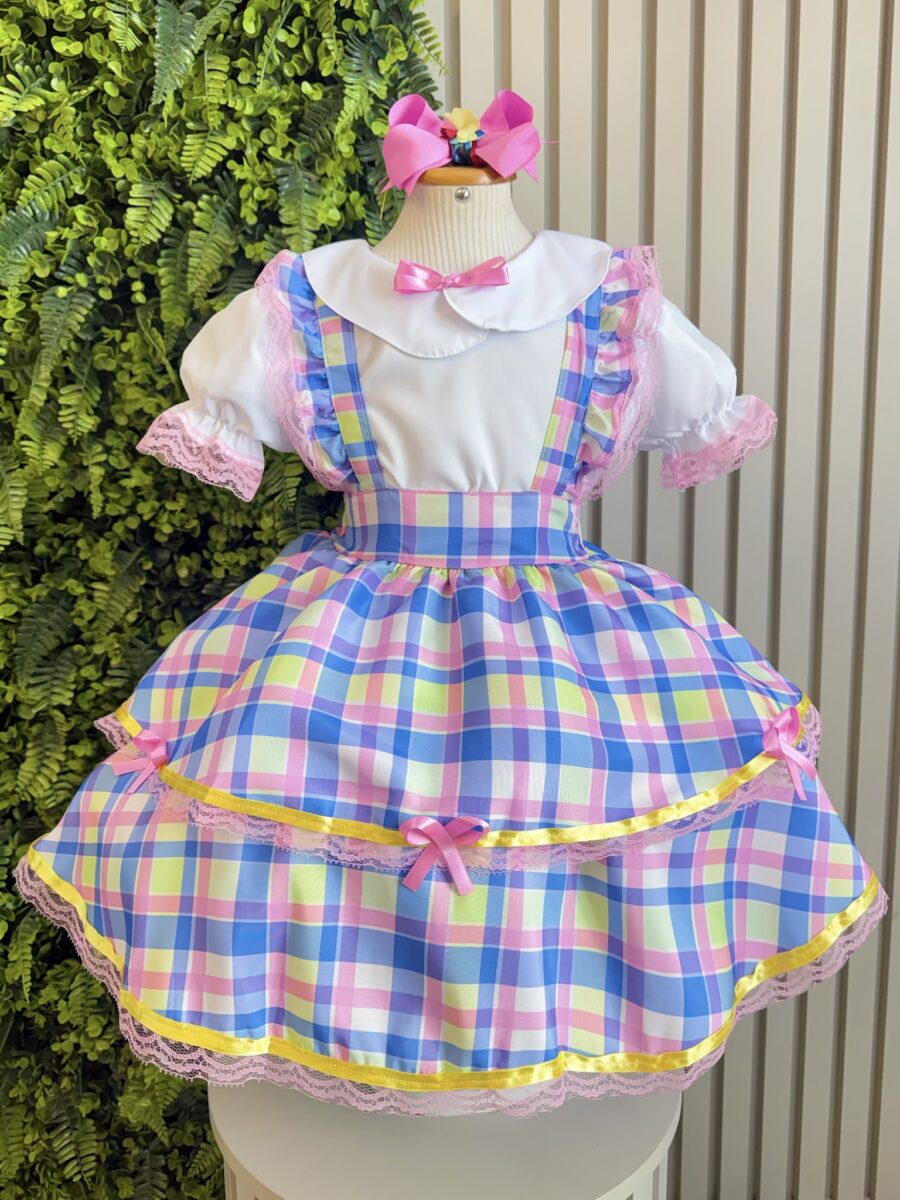 Conjunto Infantil Junino Salopete Xadrez Rosa e Azul