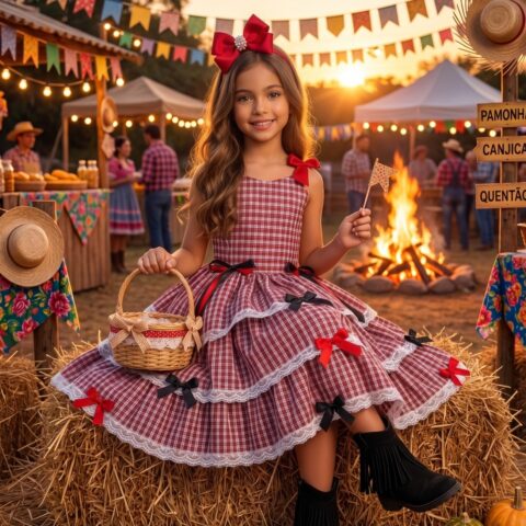 Vestido Junino Infantil Marie Maria Helena Xadrez Vermelho