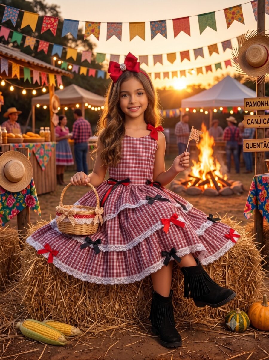 Vestido Junino Infantil Marie Maria Helena Xadrez Vermelho