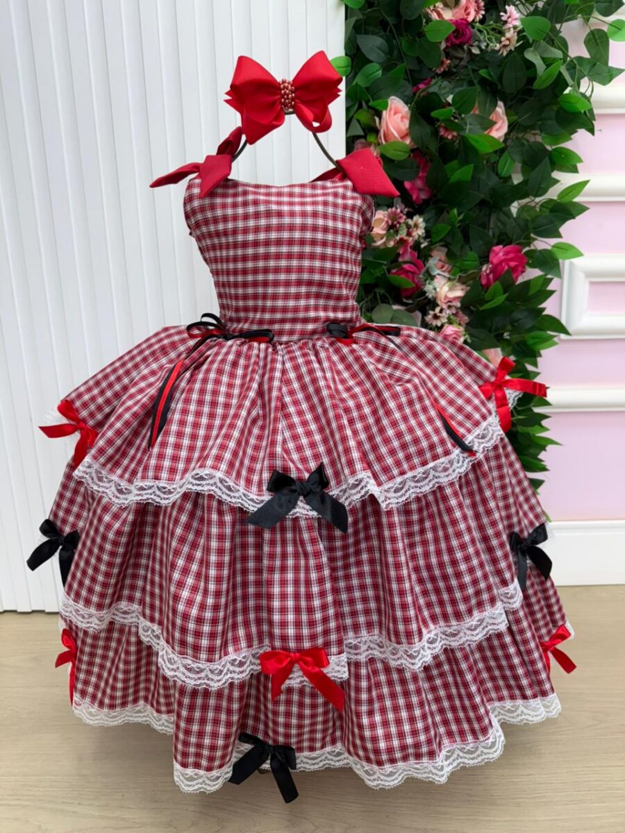 Vestido Junino Infantil Marie Maria Helena Xadrez Vermelho