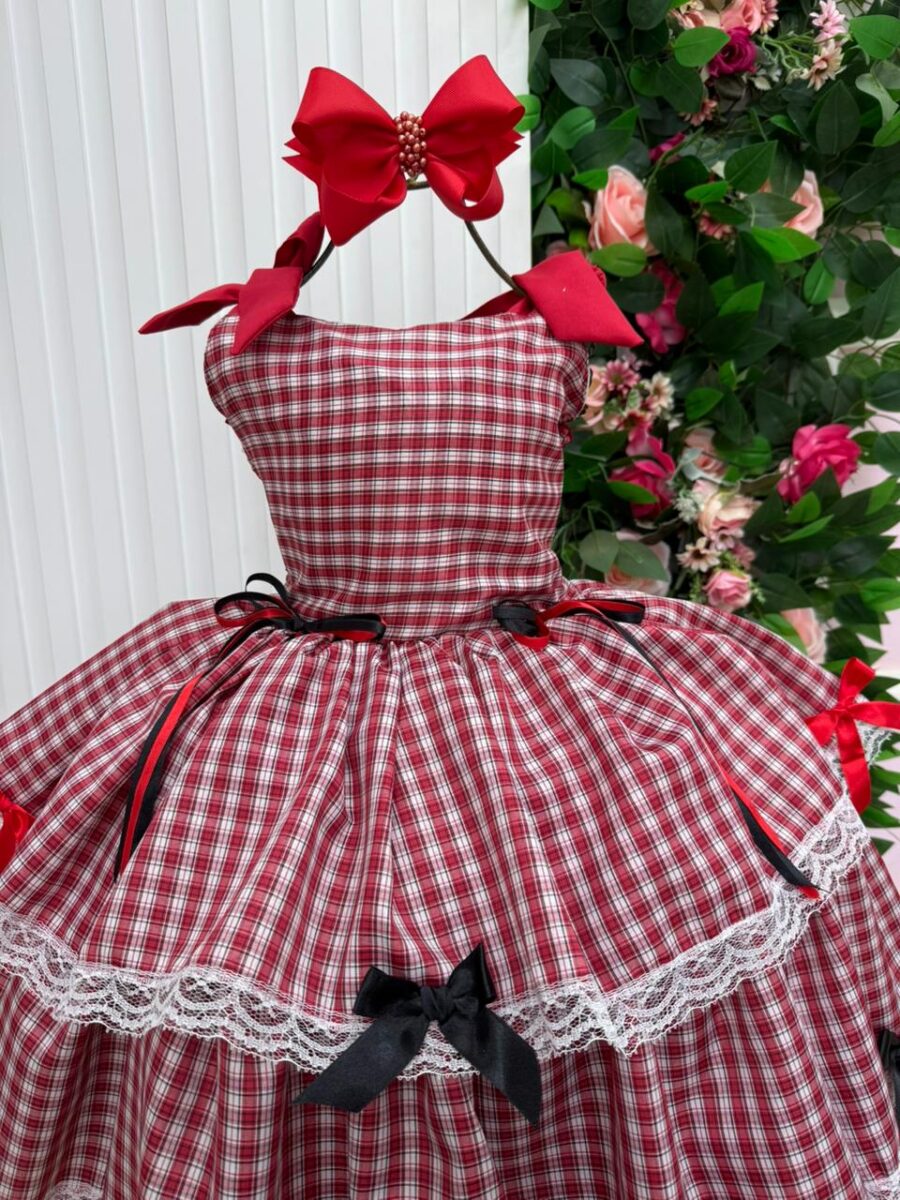 Vestido Junino Infantil Marie Maria Helena Xadrez Vermelho