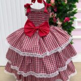 Vestido Junino Infantil Marie Maria Helena Xadrez Vermelho