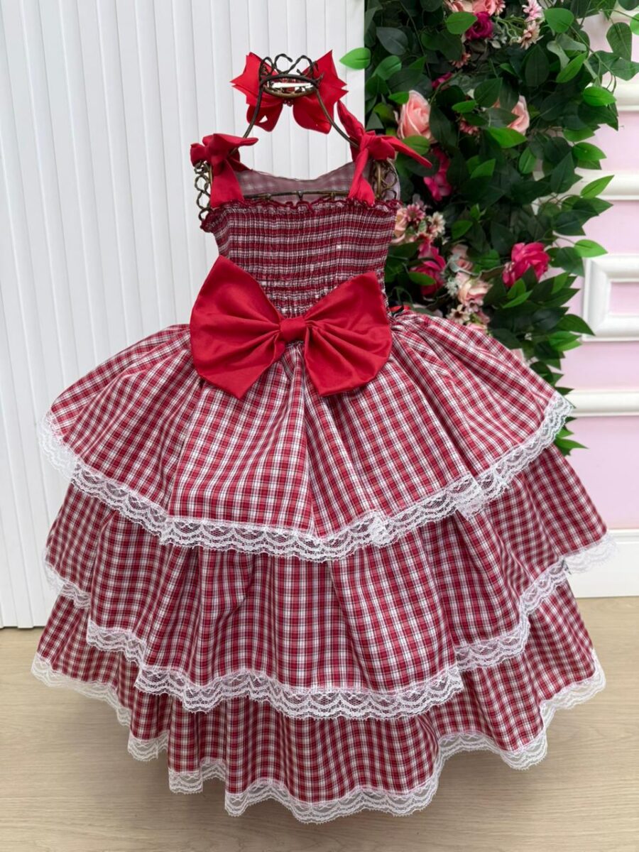 Vestido Junino Infantil Marie Maria Helena Xadrez Vermelho