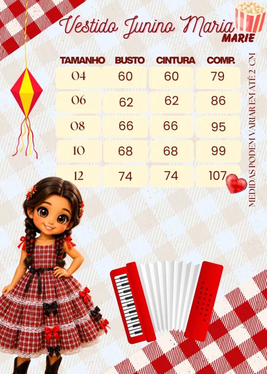 Vestido Junino Infantil Marie Maria Helena Xadrez Vermelho