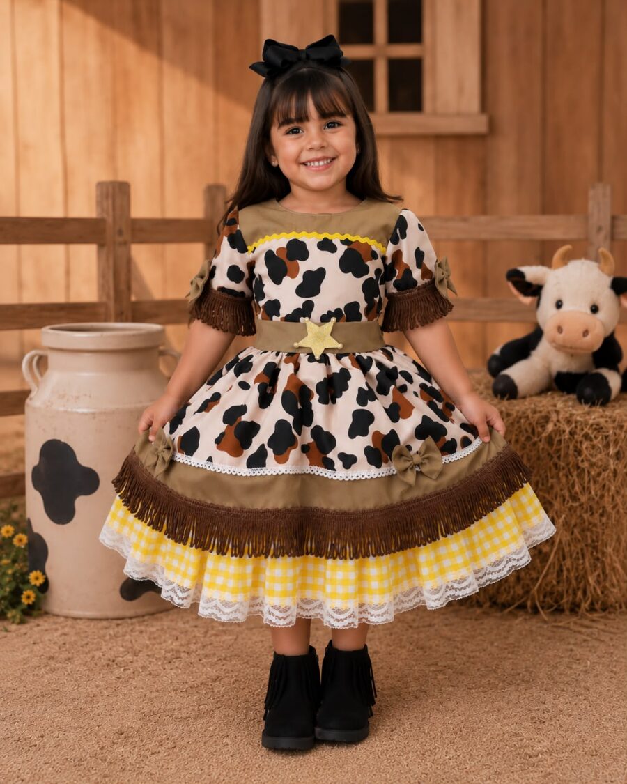Vestido Infantil Fazendinha Vaquinha Doce Mimosa Country
