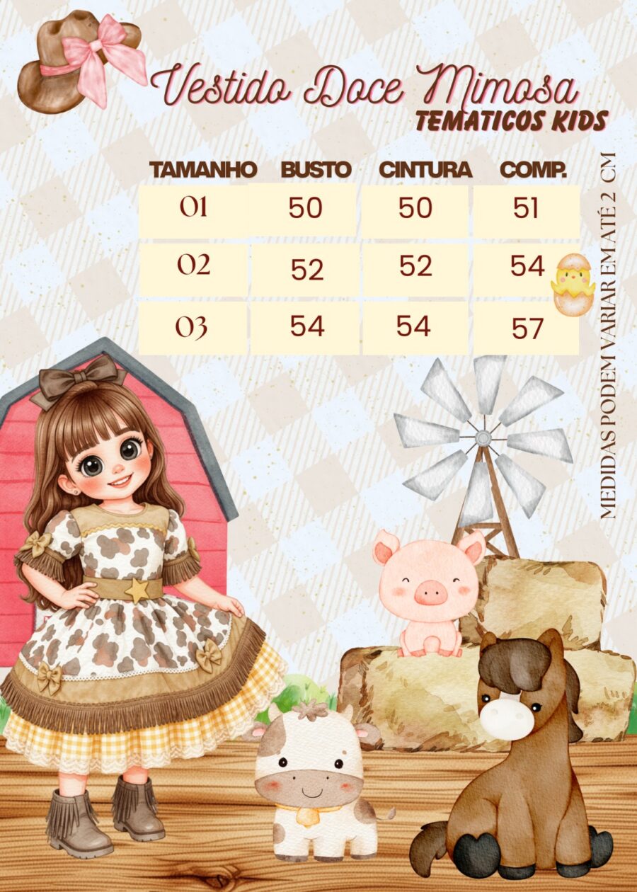 Vestido Infantil Fazendinha Vaquinha Doce Mimosa Country