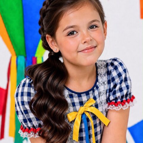 Vestido Festa Junina Infantil Xadrez Azul Marinho com Renda