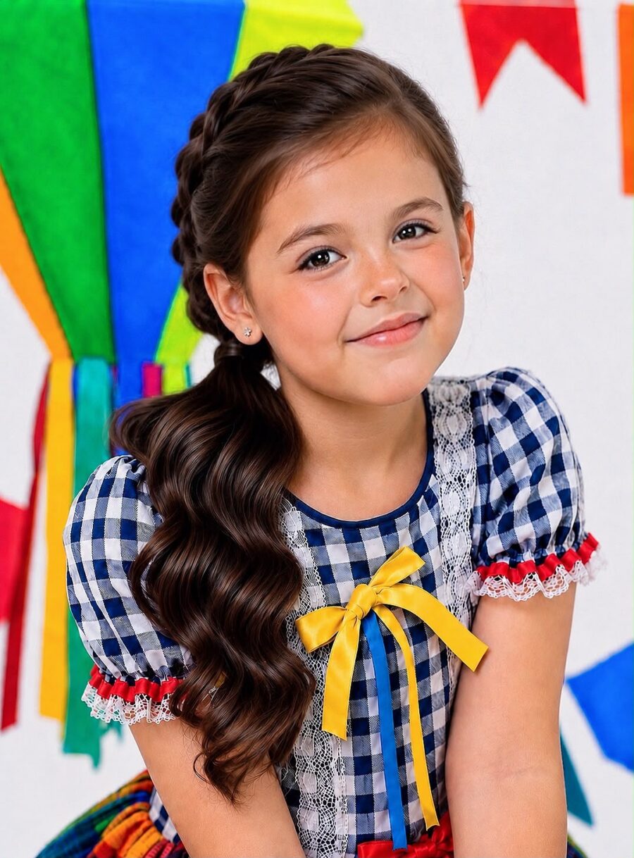 Vestido Festa Junina Infantil Xadrez Azul Marinho com Renda