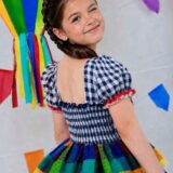 Vestido Festa Junina Infantil Xadrez Azul Marinho com Renda