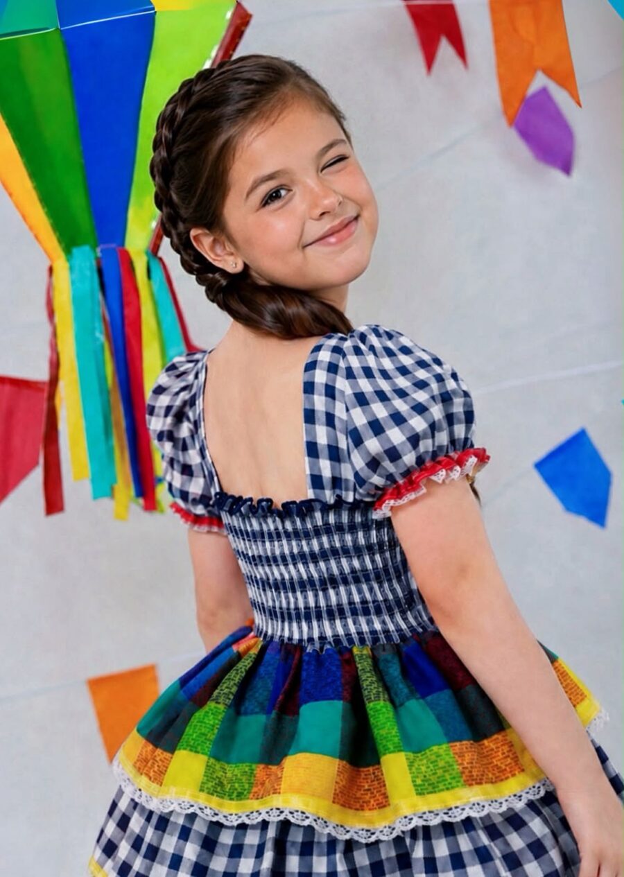 Vestido Festa Junina Infantil Xadrez Azul Marinho com Renda
