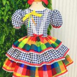 Vestido Festa Junina Infantil Xadrez Azul Marinho com Renda