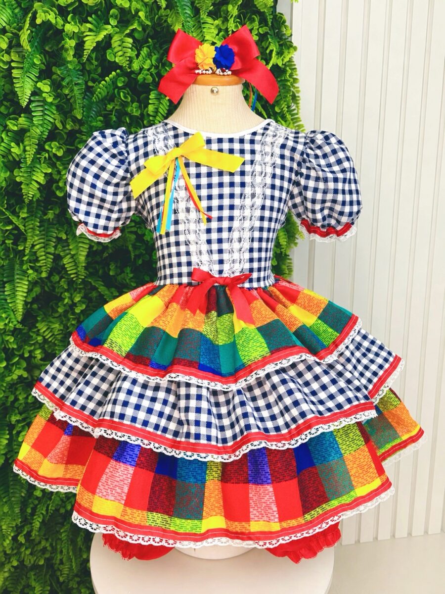 Vestido Festa Junina Infantil Xadrez Azul Marinho com Renda