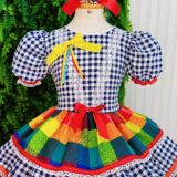 Vestido Festa Junina Infantil Xadrez Azul Marinho com Renda