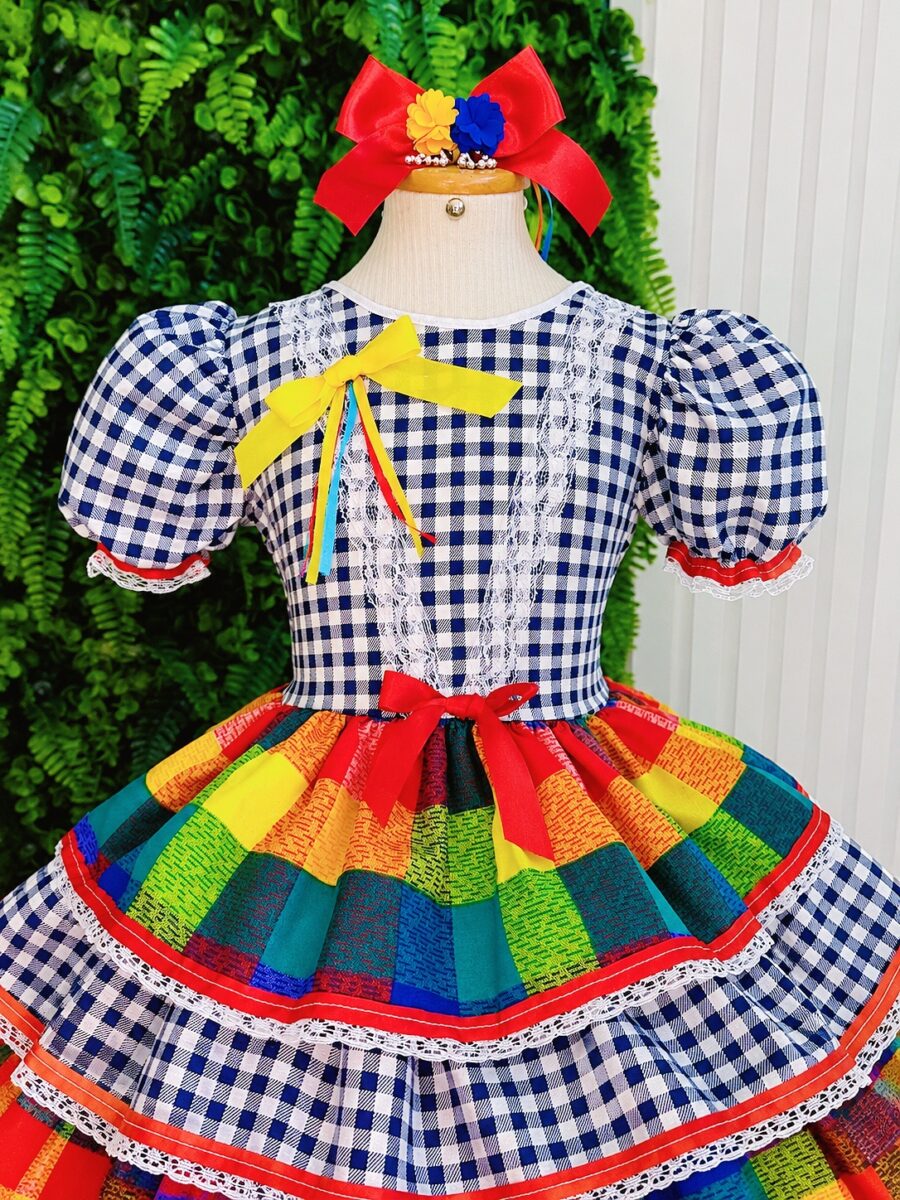 Vestido Festa Junina Infantil Xadrez Azul Marinho com Renda