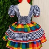 Vestido Festa Junina Infantil Xadrez Azul Marinho com Renda