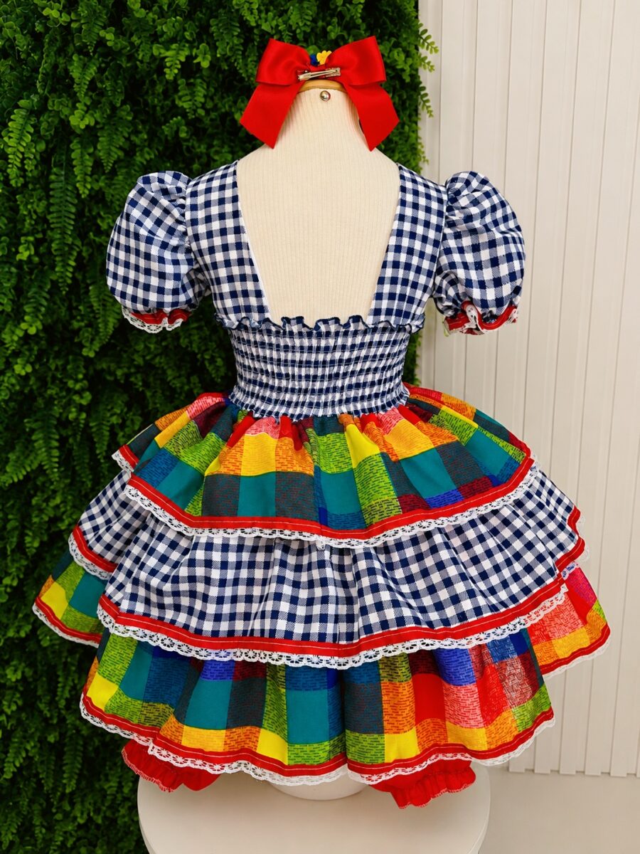 Vestido Festa Junina Infantil Xadrez Azul Marinho com Renda
