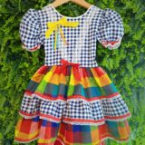 Vestido Festa Junina Infantil Xadrez Azul Marinho com Renda
