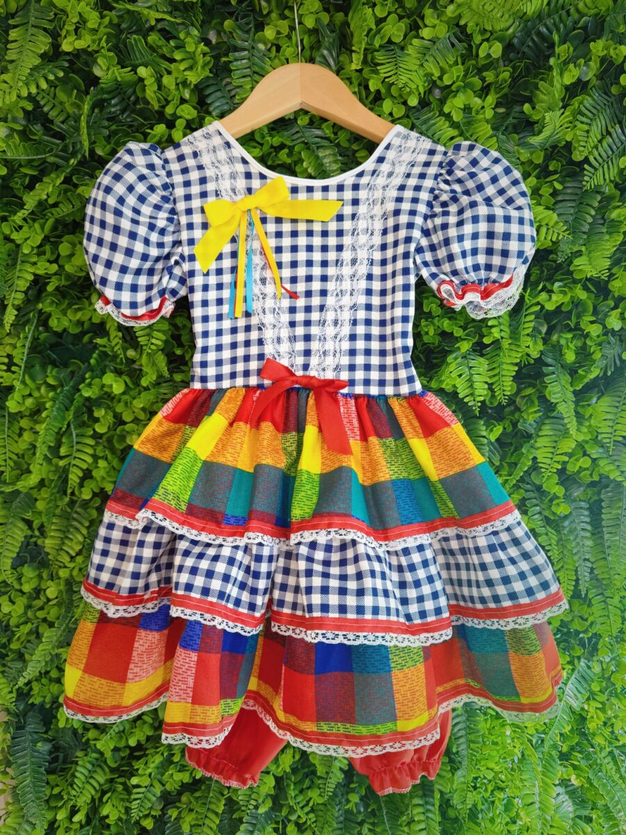 Vestido Festa Junina Infantil Xadrez Azul Marinho com Renda