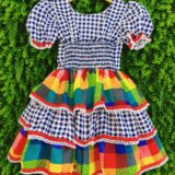 Vestido Festa Junina Infantil Xadrez Azul Marinho com Renda