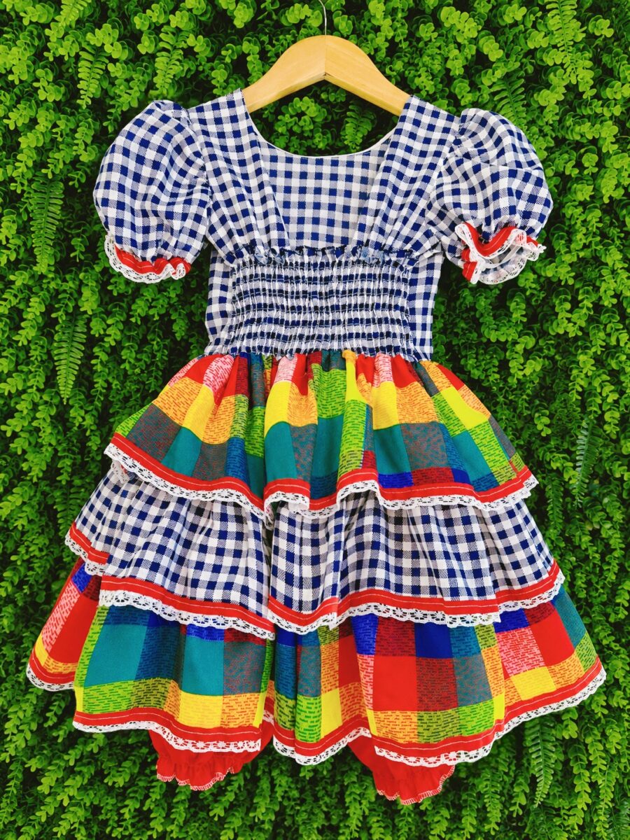 Vestido Festa Junina Infantil Xadrez Azul Marinho com Renda
