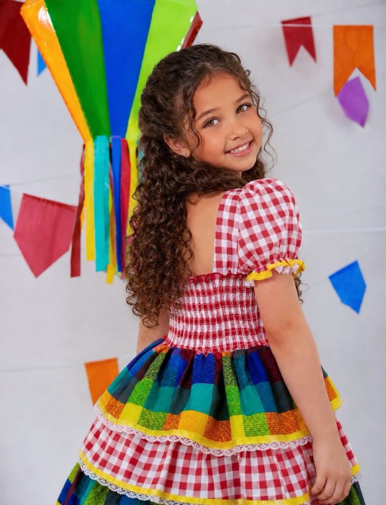 Vestido Festa Junina Infantil Xadrez Vermelho com Renda