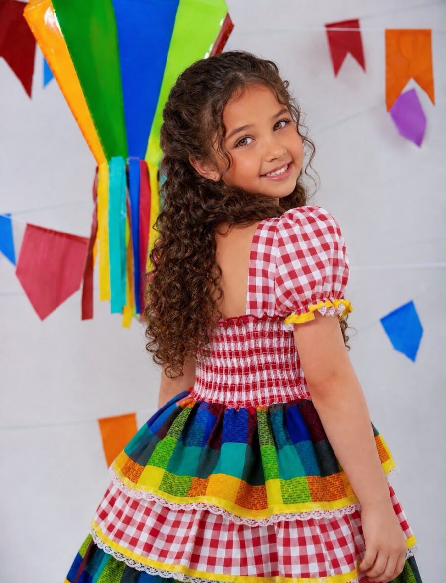 Vestido Festa Junina Infantil Xadrez Vermelho com Renda