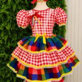 Vestido Festa Junina Infantil Xadrez Vermelho com Renda