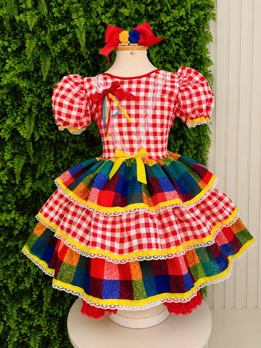 Vestido Festa Junina Infantil Xadrez Vermelho com Renda