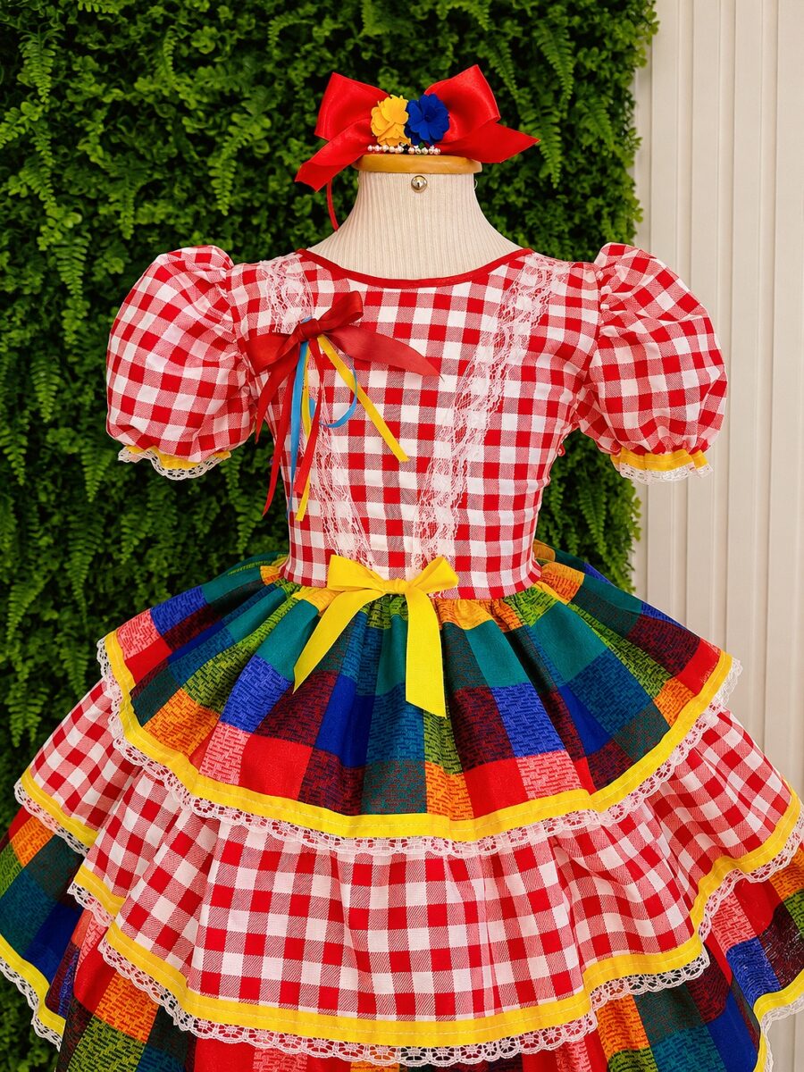 Vestido Festa Junina Infantil Xadrez Vermelho com Renda