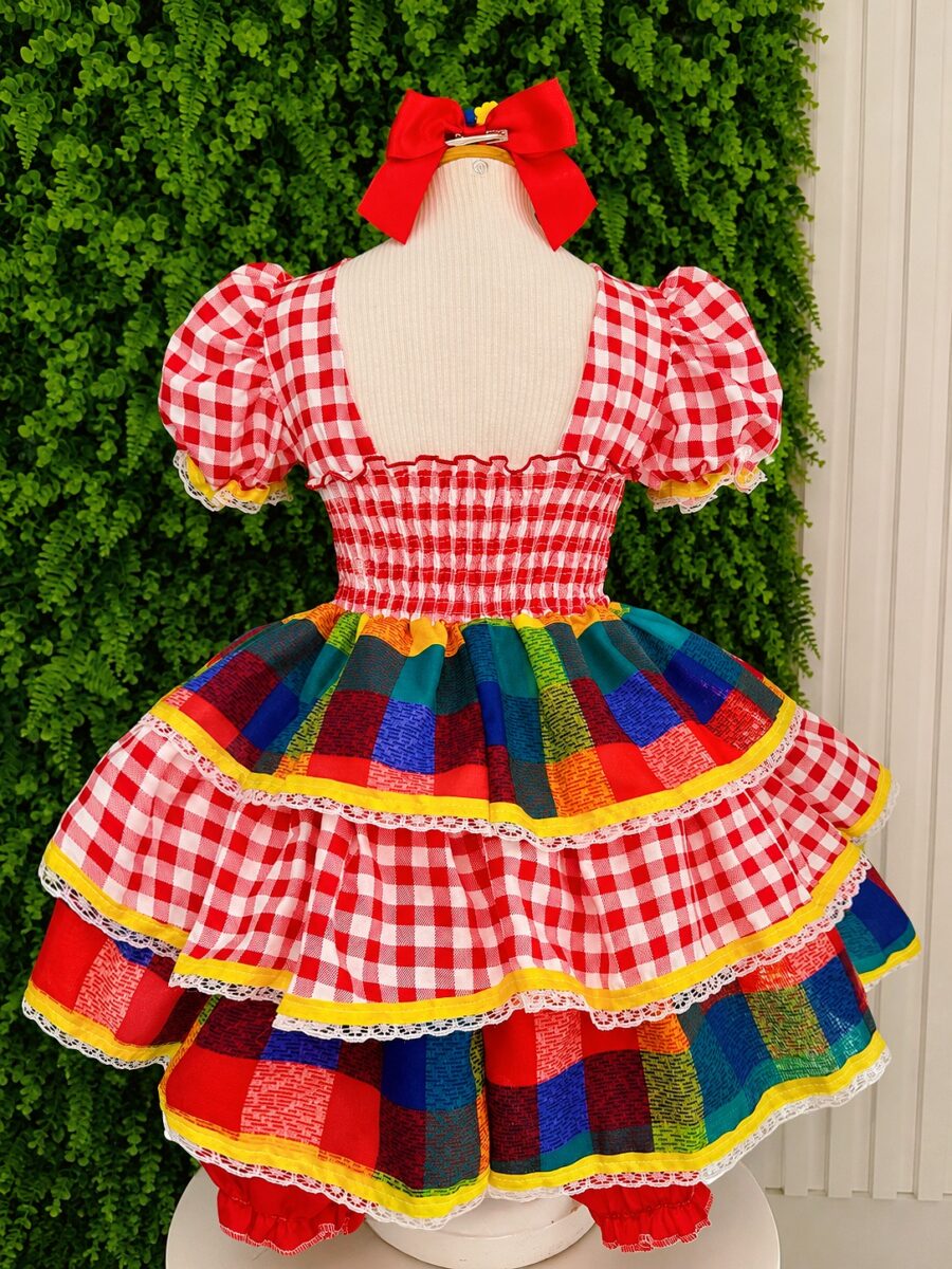 Vestido Festa Junina Infantil Xadrez Vermelho com Renda