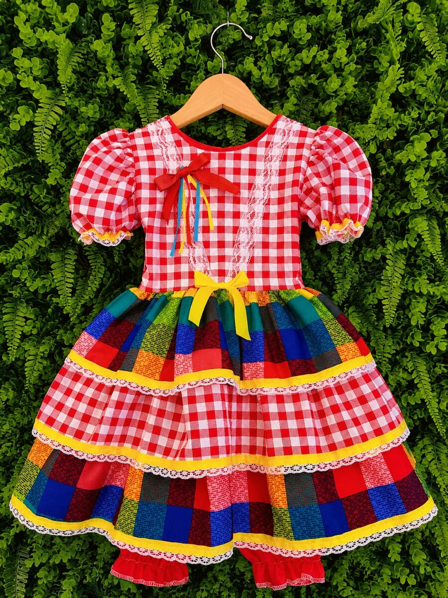 Vestido Festa Junina Infantil Xadrez Vermelho com Renda