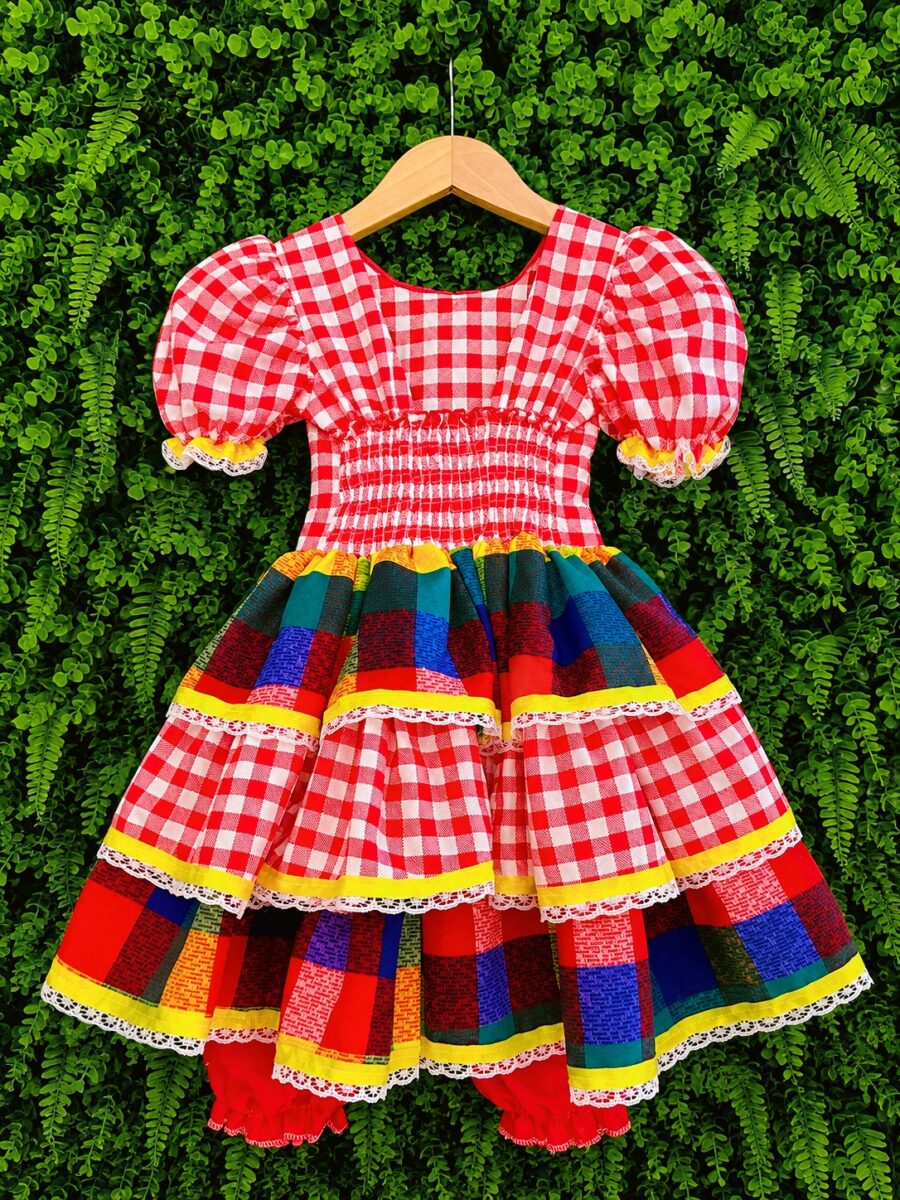 Vestido Festa Junina Infantil Xadrez Vermelho com Renda