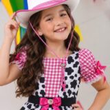 Vestido Infantil Xadrez Pink Fazendinha Vaquinha Boiadeira