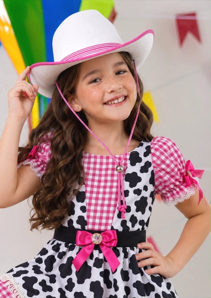 Vestido Infantil Xadrez Pink Fazendinha Vaquinha Boiadeira