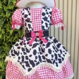 Vestido Infantil Xadrez Pink Fazendinha Vaquinha Boiadeira