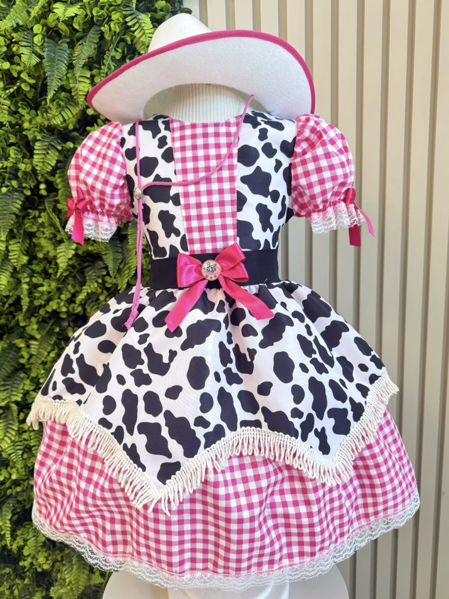 Vestido Infantil Xadrez Pink Fazendinha Vaquinha Boiadeira