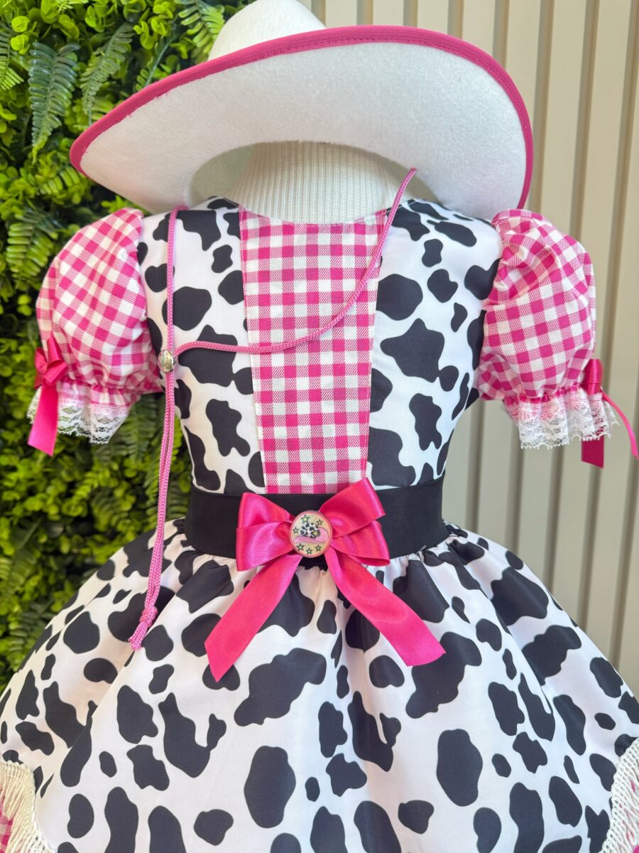 Vestido Infantil Xadrez Pink Fazendinha Vaquinha Boiadeira