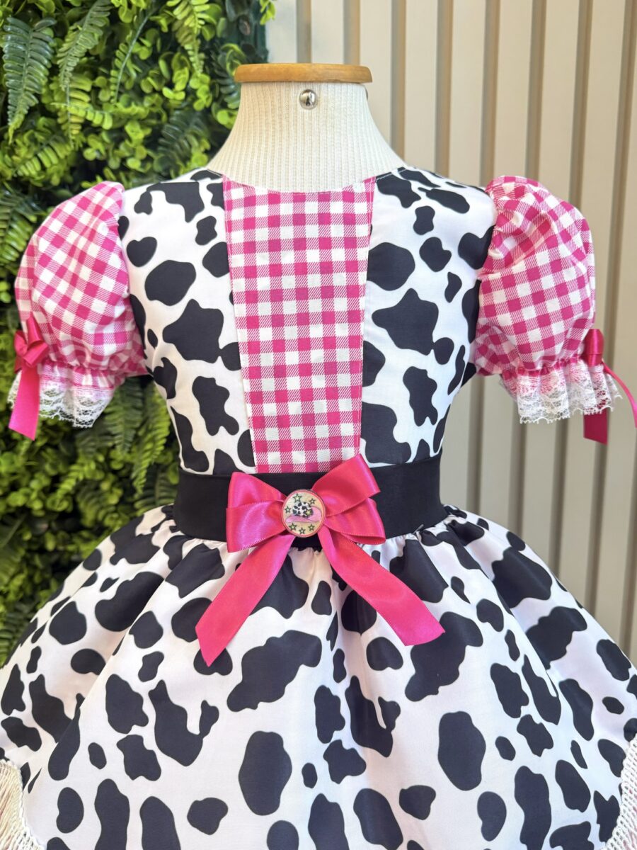 Vestido Infantil Xadrez Pink Fazendinha Vaquinha Boiadeira