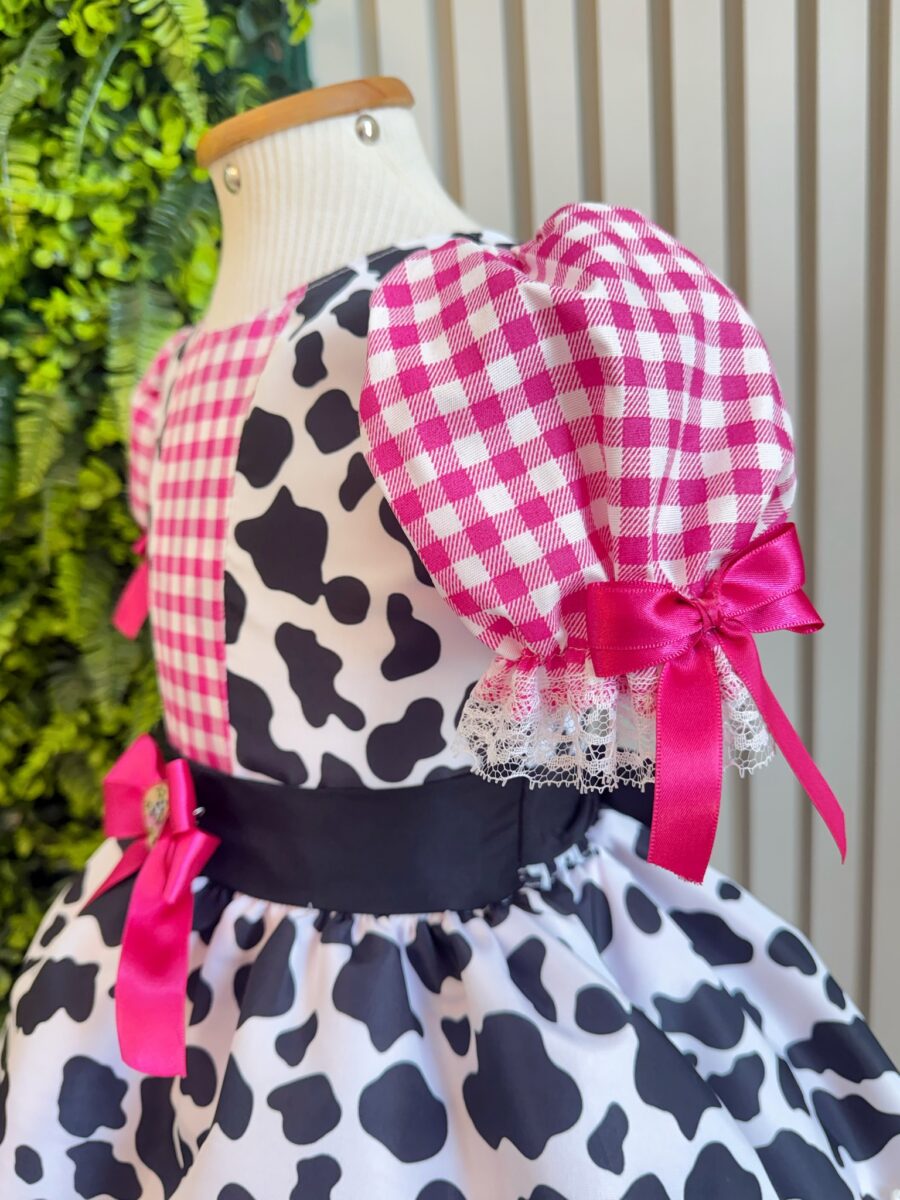 Vestido Infantil Xadrez Pink Fazendinha Vaquinha Boiadeira
