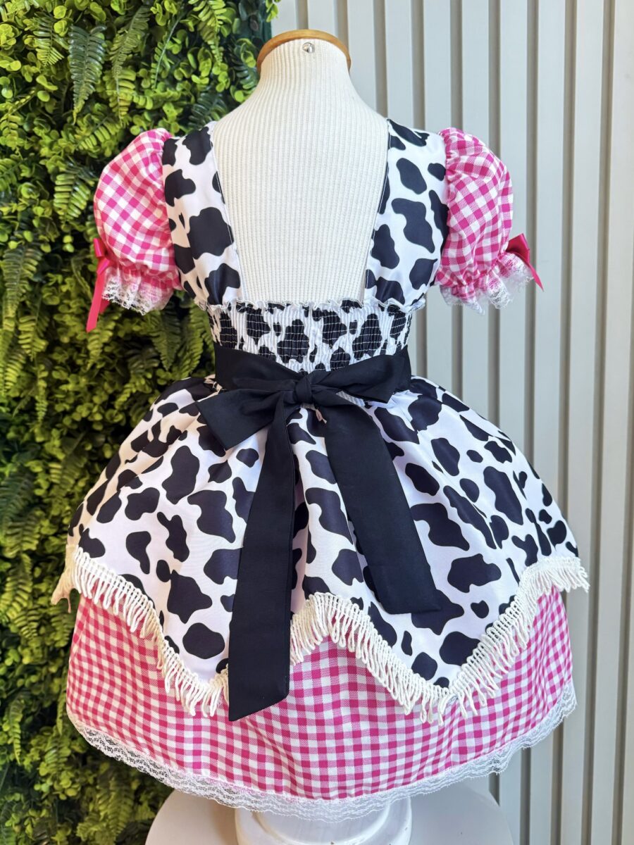 Vestido Infantil Xadrez Pink Fazendinha Vaquinha Boiadeira