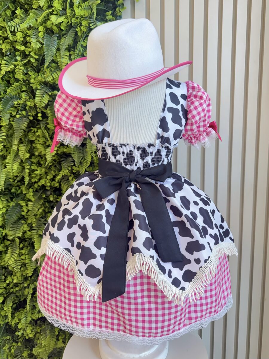 Vestido Infantil Xadrez Pink Fazendinha Vaquinha Boiadeira