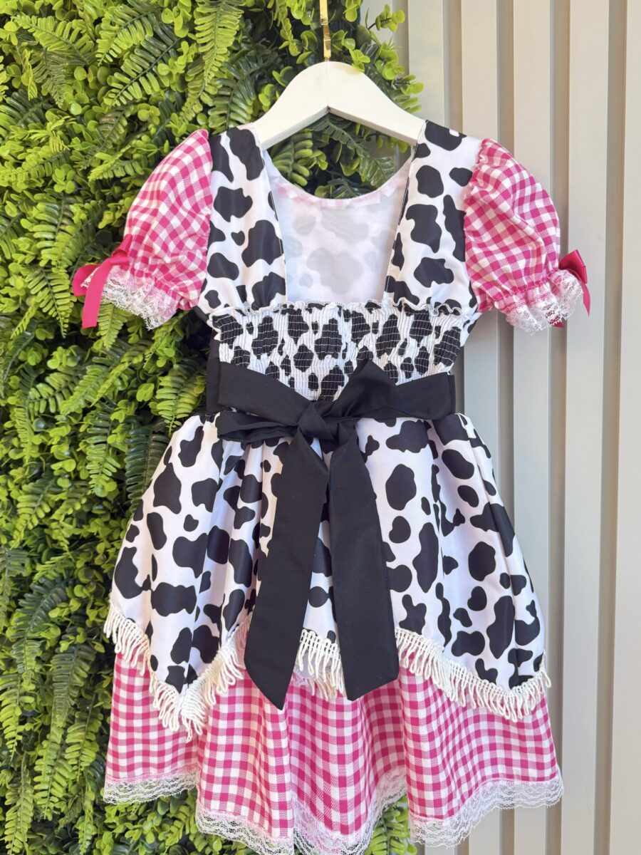 Vestido Infantil Xadrez Pink Fazendinha Vaquinha Boiadeira