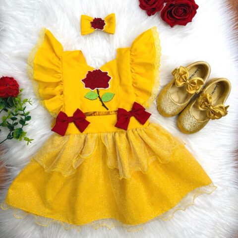 Romper Bebê Temático Princesa Bela Amarelo com Laço