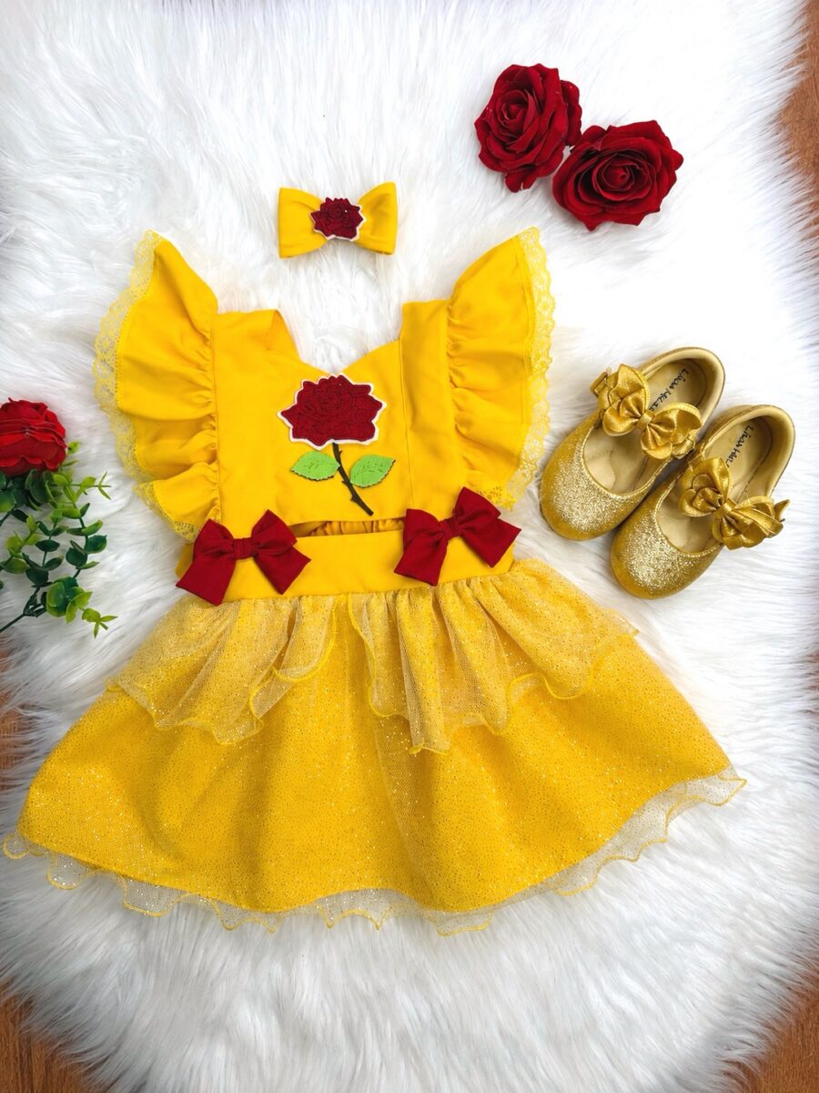 Romper Bebê Temático Princesa Bela Amarelo com Laço