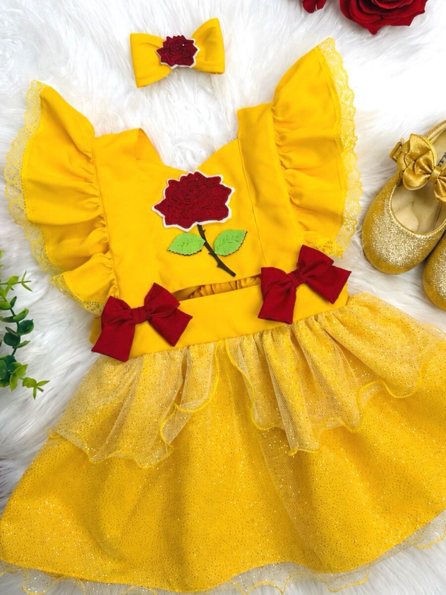 Romper Bebê Temático Princesa Bela Amarelo com Laço
