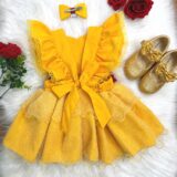 Romper Bebê Temático Princesa Bela Amarelo com Laço