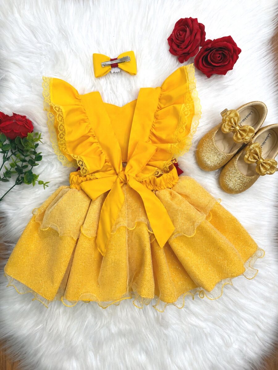Romper Bebê Temático Princesa Bela Amarelo com Laço