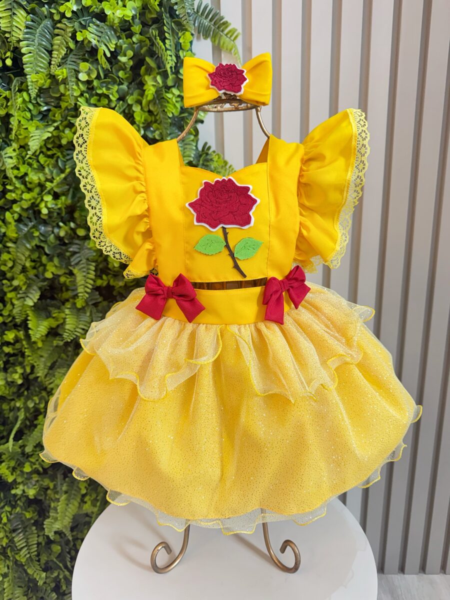 Romper Bebê Temático Princesa Bela Amarelo com Laço