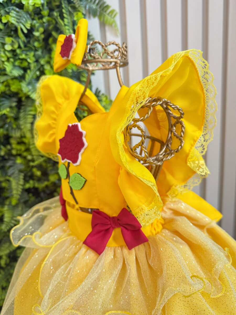 Romper Bebê Temático Princesa Bela Amarelo com Laço