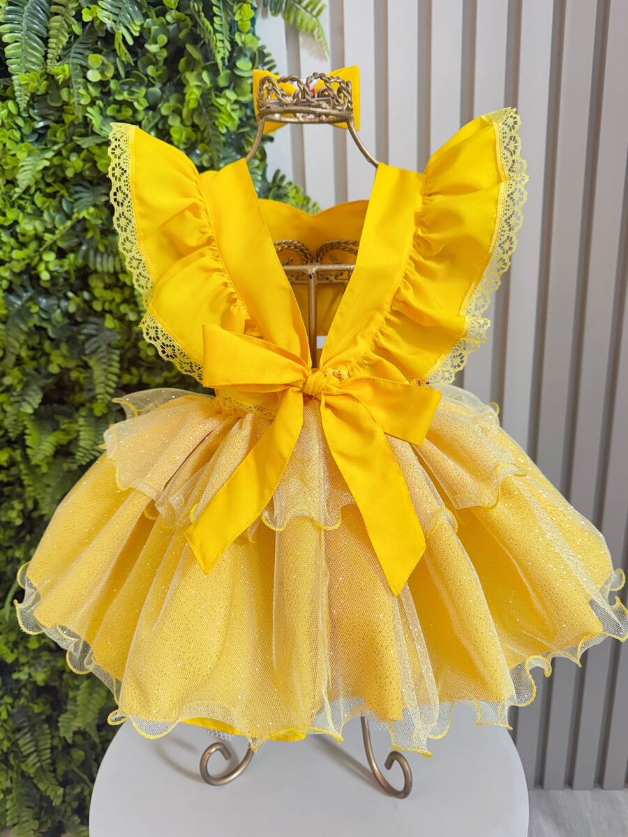 Romper Bebê Temático Princesa Bela Amarelo com Laço